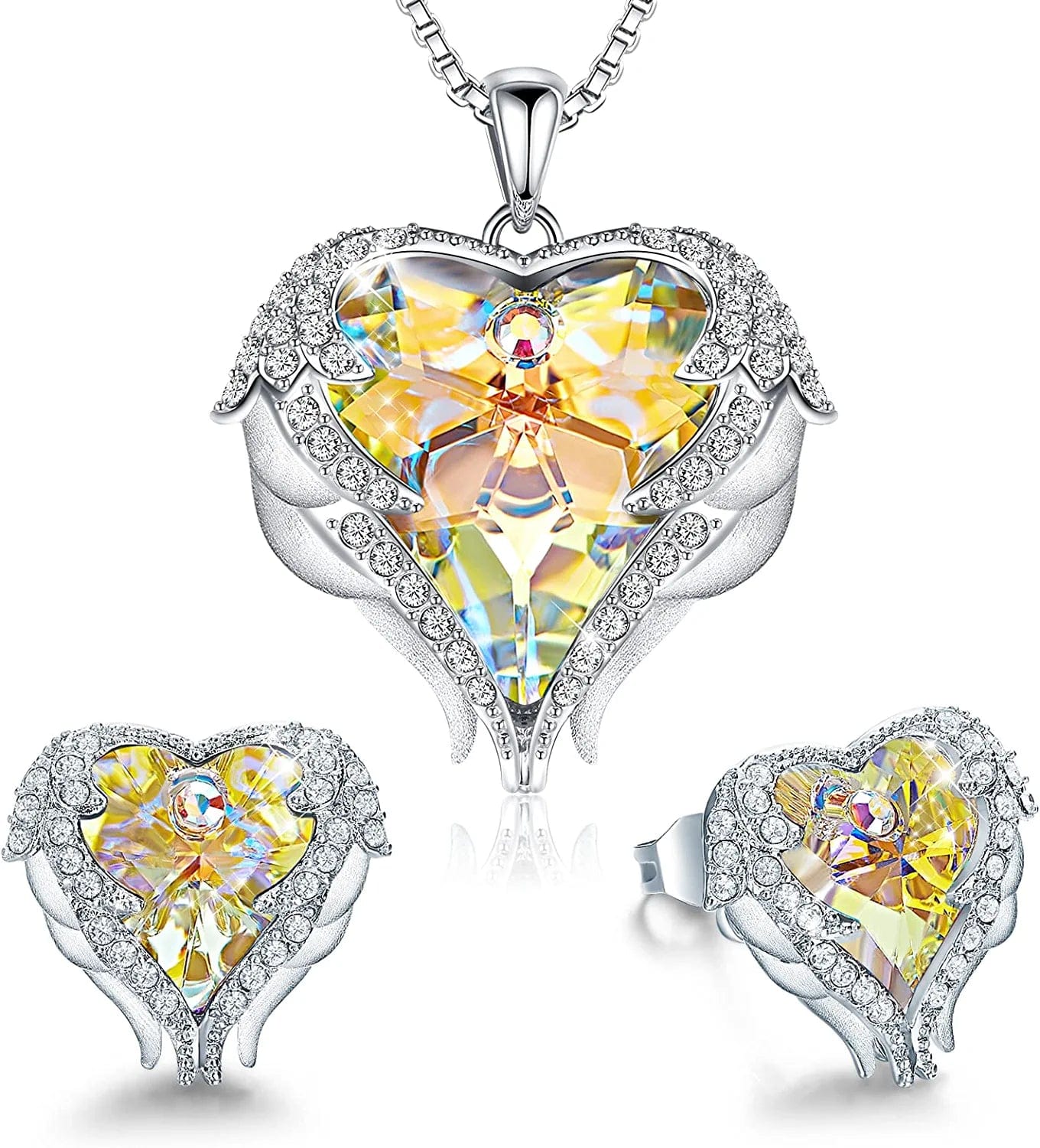Angel Wing Love Heart Necklaces and Earrings Silver Tone/Gold Tone Jewelry Sets Birthday/Anniversary Christmas Jewelry Gifts for Women Mom/Wife/Sister/Best Friend O_White Gold Plated | yellow