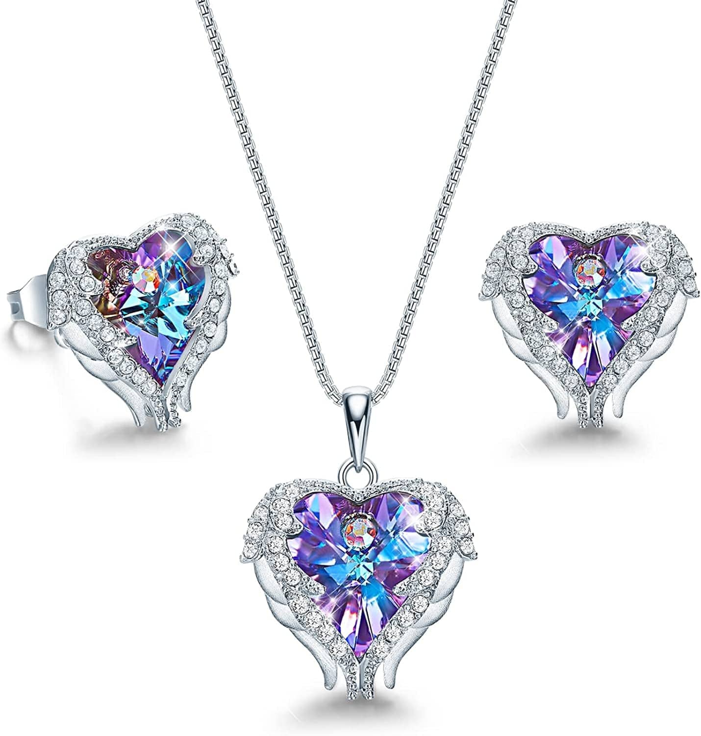 Angel Wing Love Heart Necklaces and Earrings Silver Tone/Gold Tone Jewelry Sets Birthday/Anniversary Christmas Jewelry Gifts for Women Mom/Wife/Sister/Best Friend I_Sterling Silver | Purple