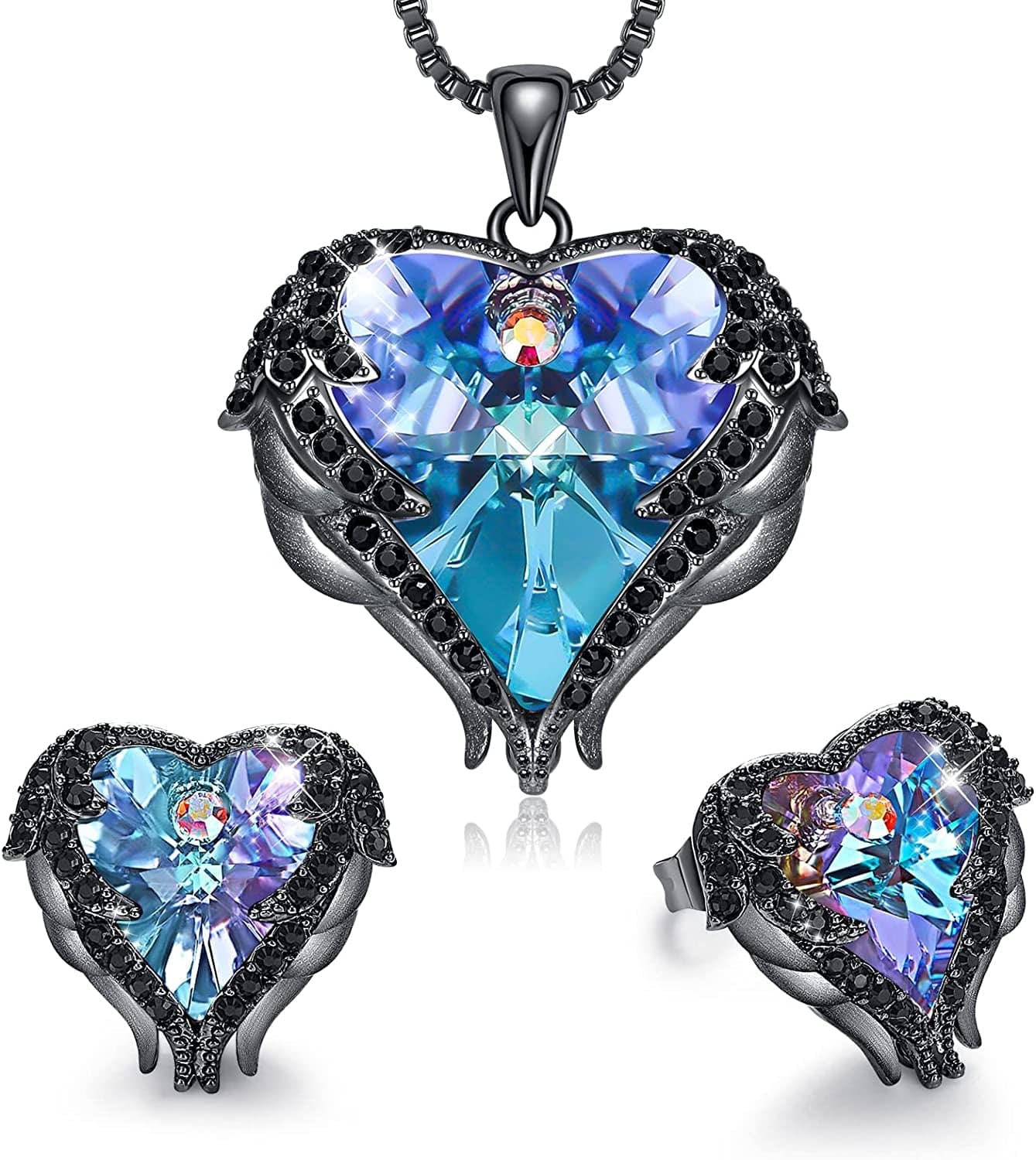 Angel Wing Love Heart Necklaces and Earrings Silver Tone/Gold Tone Jewelry Sets Birthday/Anniversary Christmas Jewelry Gifts for Women Mom/Wife/Sister/Best Friend S_Gun Black Plated | Purple