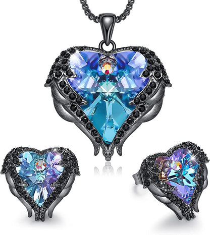 Angel Wing Love Heart Necklaces and Earrings Silver Tone/Gold Tone Jewelry Sets Birthday/Anniversary Christmas Jewelry Gifts for Women Mom/Wife/Sister/Best Friend S_Gun Black Plated | Purple