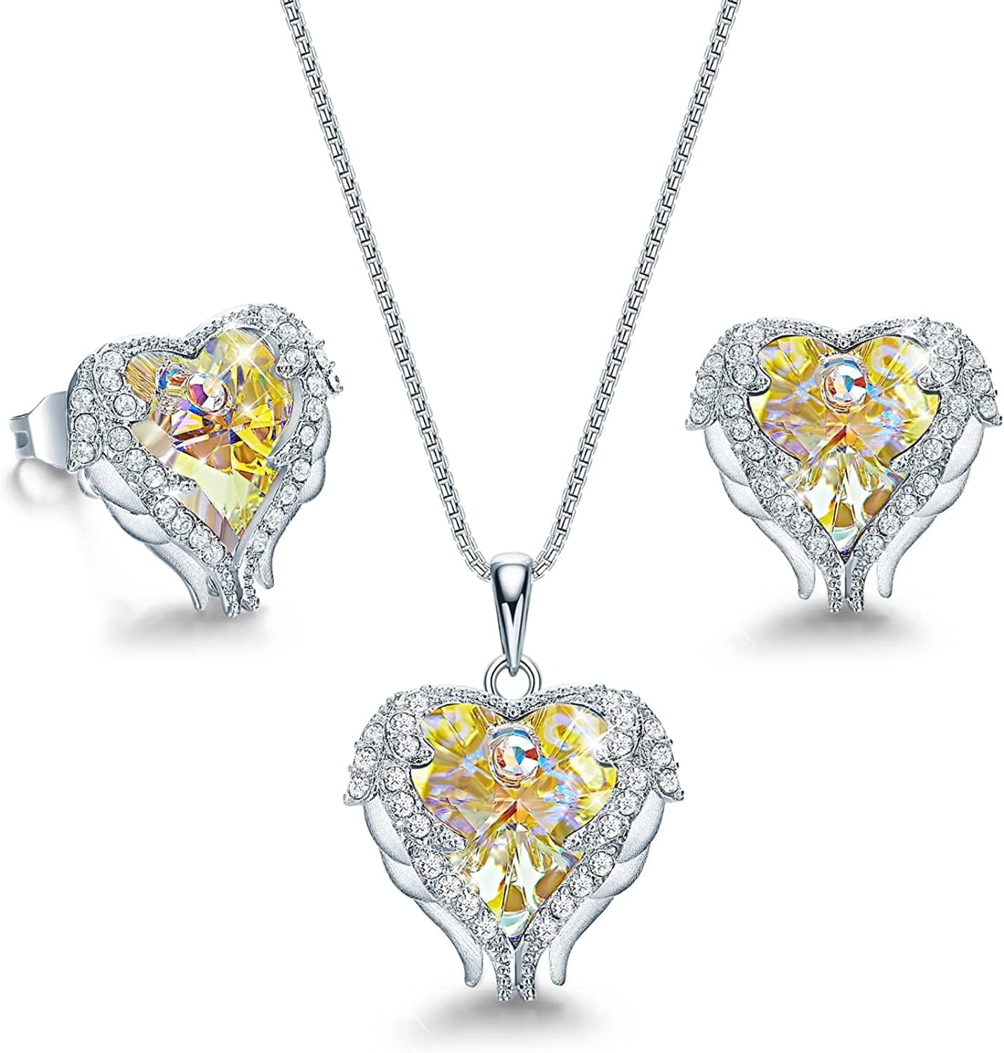 Angel Wing Love Heart Necklaces and Earrings Silver Tone/Gold Tone Jewelry Sets Birthday/Anniversary Christmas Jewelry Gifts for Women Mom/Wife/Sister/Best Friend K_Sterling Silver | Yellow