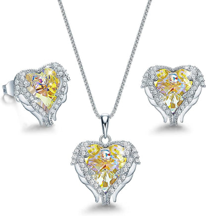 Angel Wing Love Heart Necklaces and Earrings Silver Tone/Gold Tone Jewelry Sets Birthday/Anniversary Christmas Jewelry Gifts for Women Mom/Wife/Sister/Best Friend K_Sterling Silver | Yellow