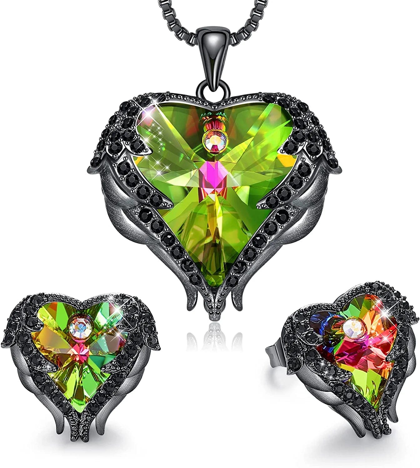 Angel Wing Love Heart Necklaces and Earrings Silver Tone/Gold Tone Jewelry Sets Birthday/Anniversary Christmas Jewelry Gifts for Women Mom/Wife/Sister/Best Friend Gun Black | Colorful