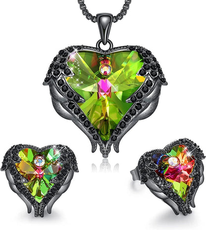 Angel Wing Love Heart Necklaces and Earrings Silver Tone/Gold Tone Jewelry Sets Birthday/Anniversary Christmas Jewelry Gifts for Women Mom/Wife/Sister/Best Friend Gun Black | Colorful