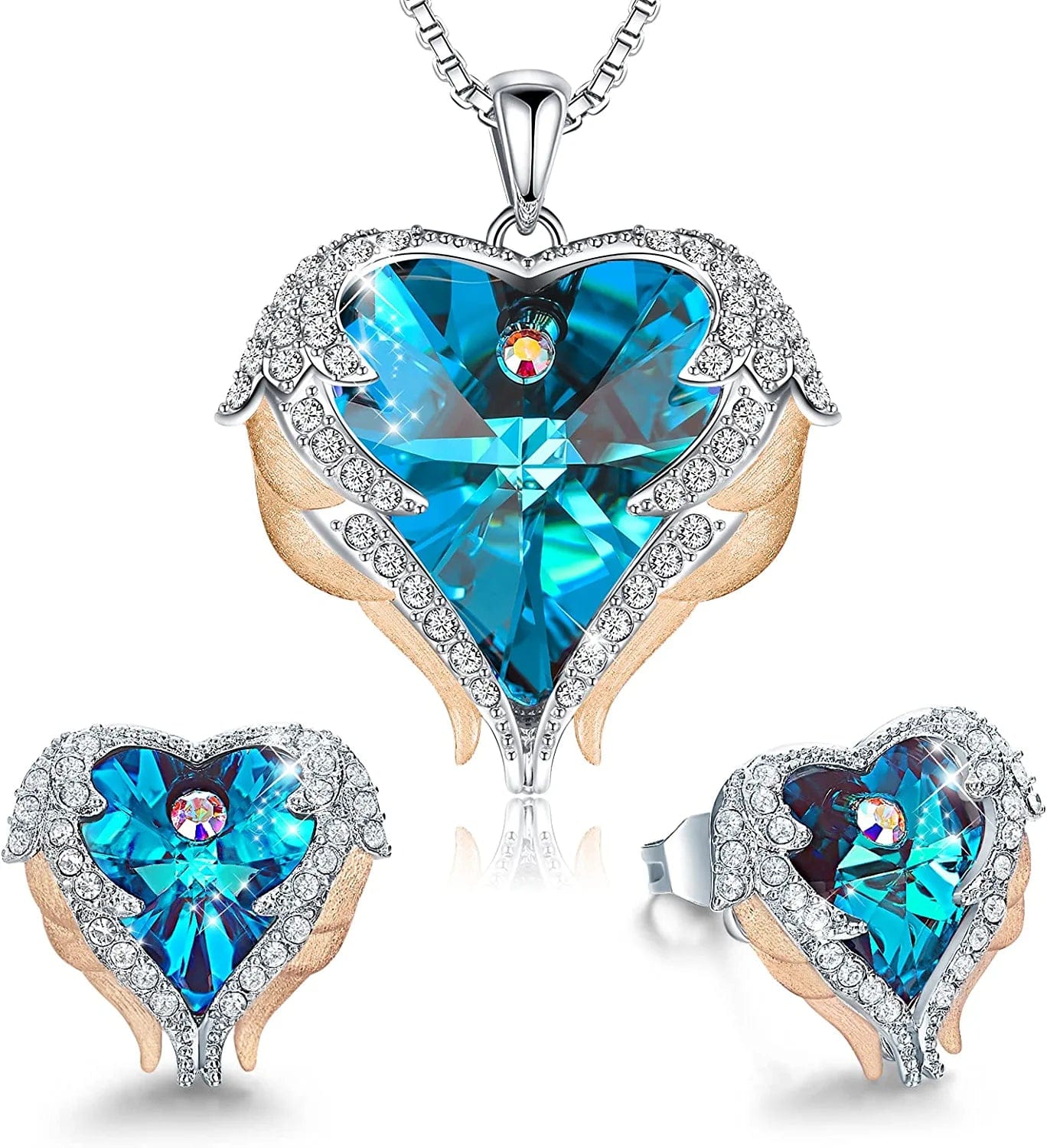 Angel Wing Love Heart Necklaces and Earrings Silver Tone/Gold Tone Jewelry Sets Birthday/Anniversary Christmas Jewelry Gifts for Women Mom/Wife/Sister/Best Friend G_Rose Gold Plated | Blue
