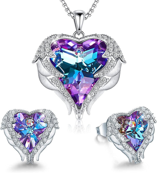 Angel Wing Love Heart Necklaces and Earrings Silver Tone/Gold Tone Jewelry Sets Birthday/Anniversary Christmas Jewelry Gifts for Women Mom/Wife/Sister/Best Friend A_White Gold Plated | Purple