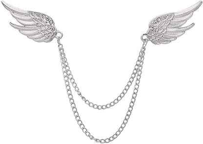Angel Wings Tassel Chain Brooch Collar Pins. Rhinestone Metal Feather Lapel Pin, Suit Coat Breastpin for Women Men'S Accessories Silver2