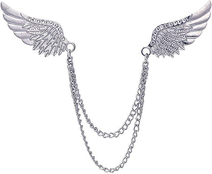 Angel Wings Tassel Chain Brooch Collar Pins. Rhinestone Metal Feather Lapel Pin, Suit Coat Breastpin for Women Men'S Accessories Silver