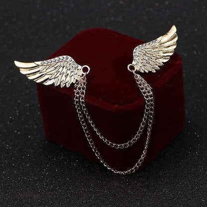 Angel Wings Tassel Chain Brooch Collar Pins. Rhinestone Metal Feather Lapel Pin, Suit Coat Breastpin for Women Men'S Accessories