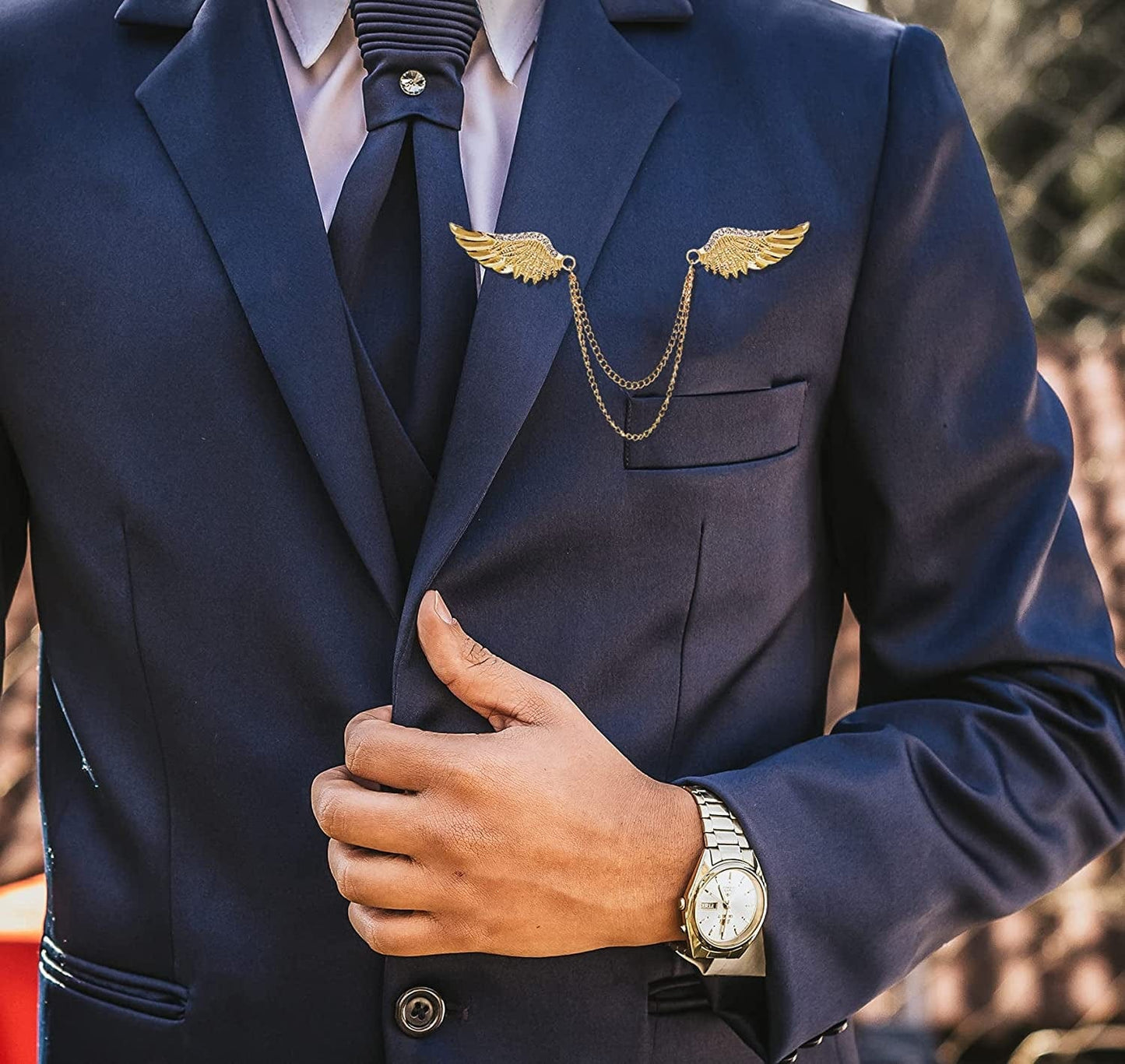 Angel Wings Tassel Chain Brooch Collar Pins. Rhinestone Metal Feather Lapel Pin, Suit Coat Breastpin for Women Men'S Accessories