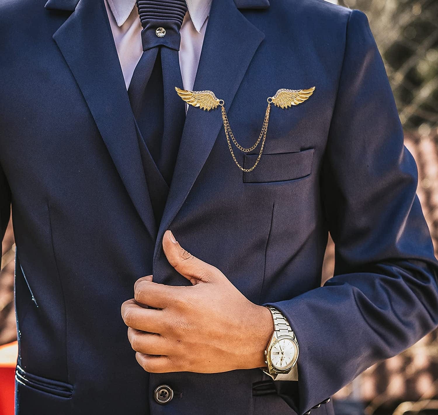 Angel Wings Tassel Chain Brooch Collar Pins. Rhinestone Metal Feather Lapel Pin, Suit Coat Breastpin for Women Men'S Accessories