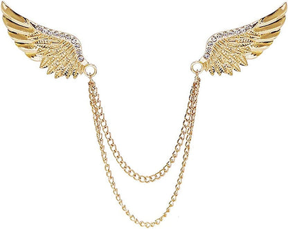 Angel Wings Tassel Chain Brooch Collar Pins. Rhinestone Metal Feather Lapel Pin, Suit Coat Breastpin for Women Men'S Accessories Gold