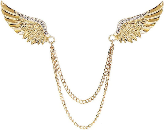 Angel Wings Tassel Chain Brooch Collar Pins. Rhinestone Metal Feather Lapel Pin, Suit Coat Breastpin for Women Men'S Accessories Gold