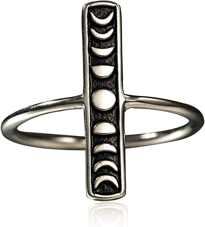 Angol Sterling Silver Rings for Women Vintage Moon Phase Ring S925 Stacking Statement Band Minimalist Finger Ring sterling-silver-vertical / 8