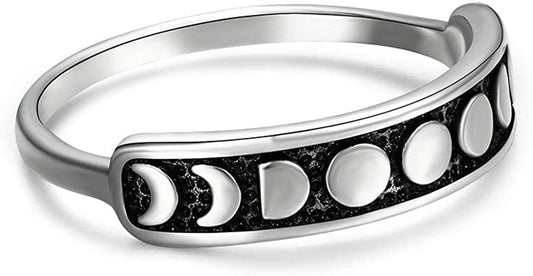 Angol Sterling Silver Rings for Women Vintage Moon Phase Ring S925 Stacking Statement Band Minimalist Finger Ring sterling silver / 8