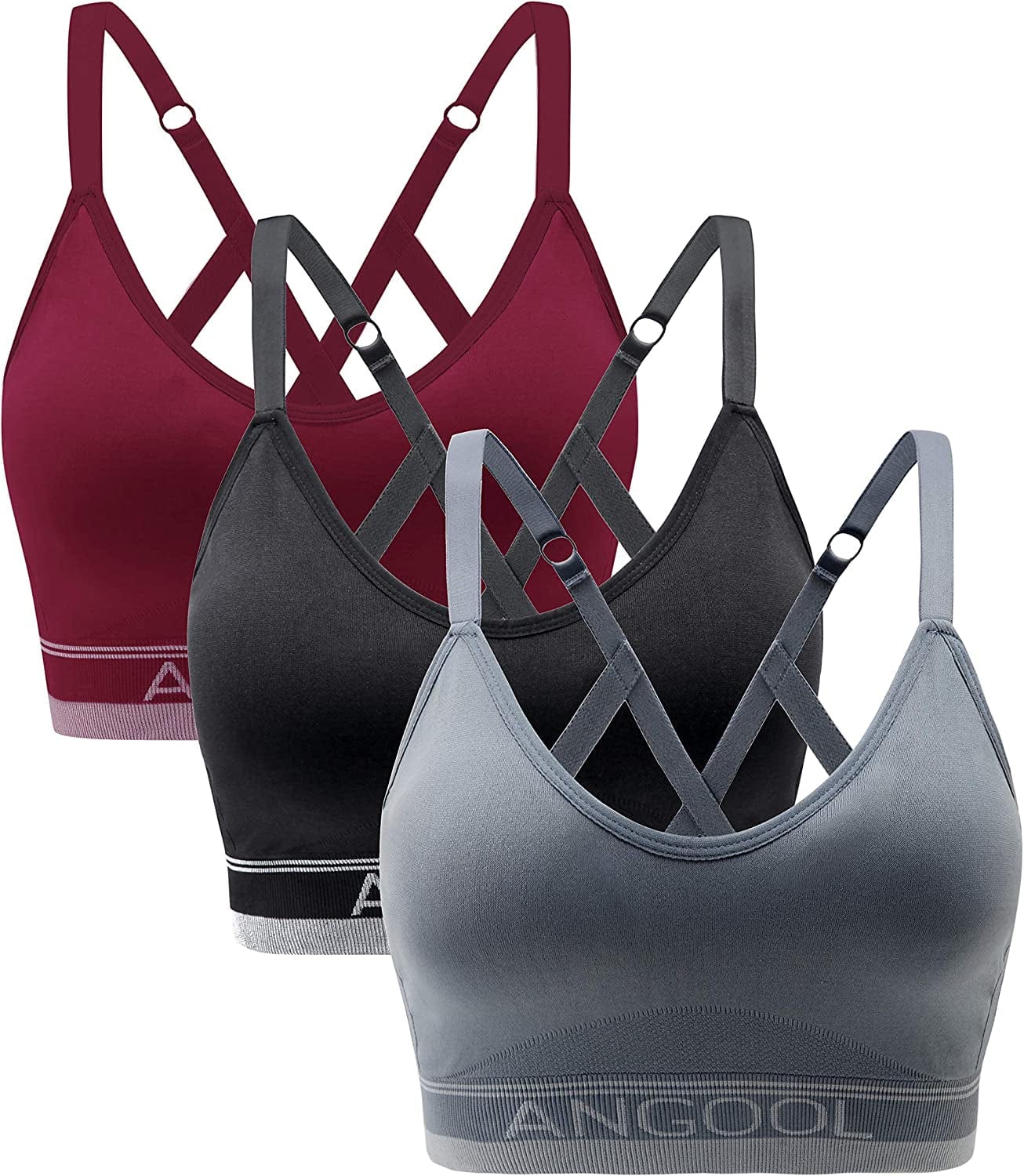 ANGOOL Strappy Sports Bras for Women, Longline Medium Support Yoga Bra Wirefree Padded Sports Bra with Adjustable Straps Black+grey+red / Medium