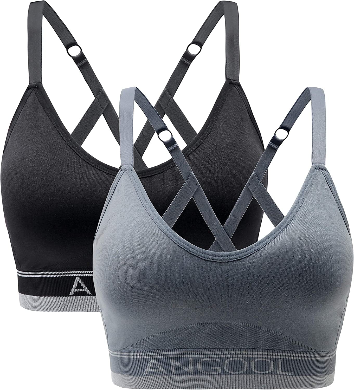 ANGOOL Strappy Sports Bras for Women, Longline Medium Support Yoga Bra Wirefree Padded Sports Bra with Adjustable Straps Black+grey / Large