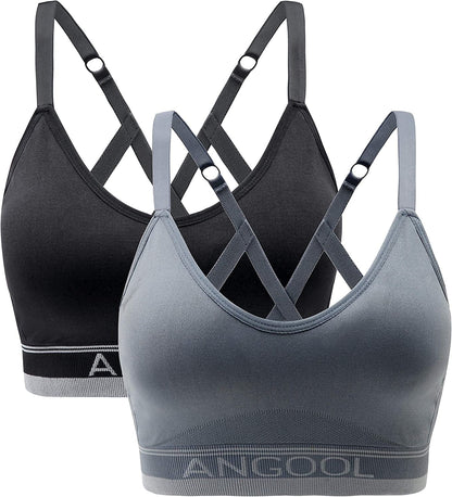 ANGOOL Strappy Sports Bras for Women, Longline Medium Support Yoga Bra Wirefree Padded Sports Bra with Adjustable Straps Black+grey / Large