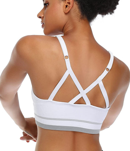 ANGOOL Strappy Sports Bras for Women, Longline Medium Support Yoga Bra Wirefree Padded Sports Bra with Adjustable Straps White / Large