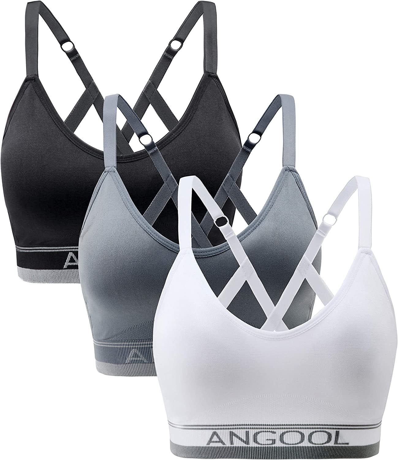 ANGOOL Strappy Sports Bras for Women, Longline Medium Support Yoga Bra Wirefree Padded Sports Bra with Adjustable Straps Black+grey+white / Small