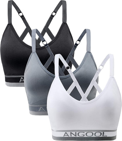 ANGOOL Strappy Sports Bras for Women, Longline Medium Support Yoga Bra Wirefree Padded Sports Bra with Adjustable Straps Black+grey+white / Small