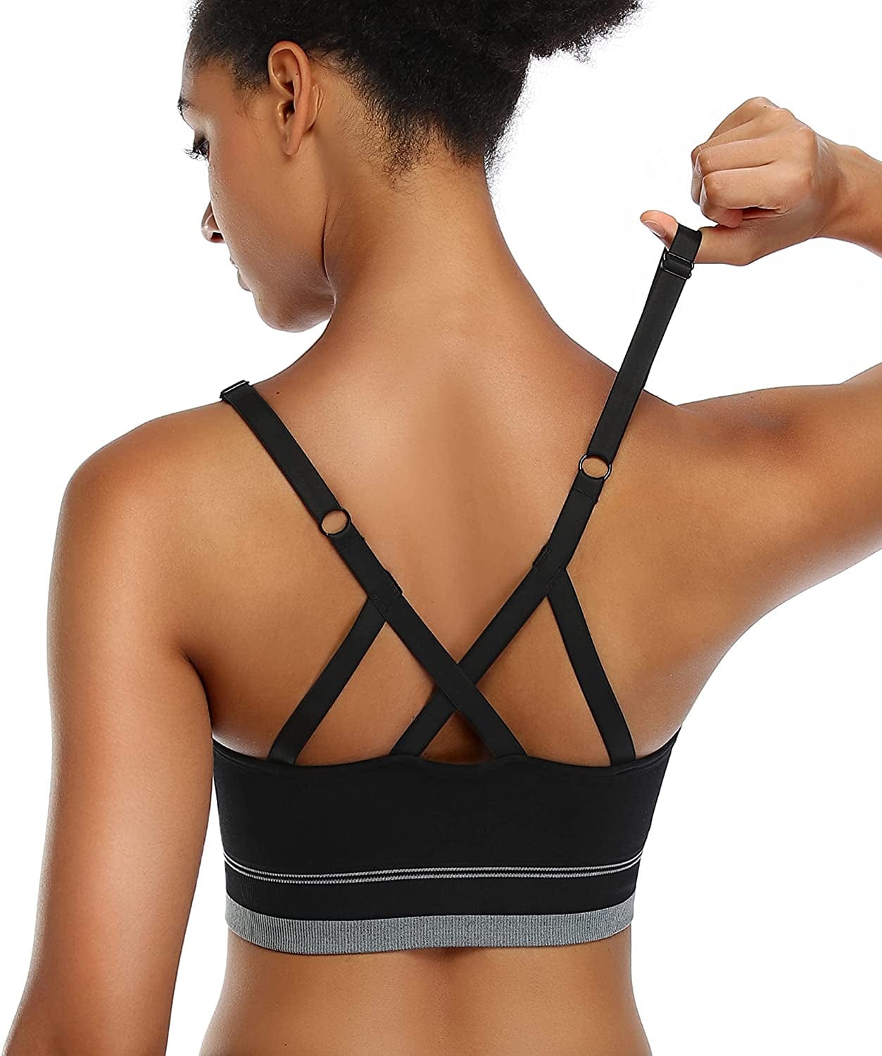 ANGOOL Strappy Sports Bras for Women, Longline Medium Support Yoga Bra Wirefree Padded Sports Bra with Adjustable Straps Black / Large