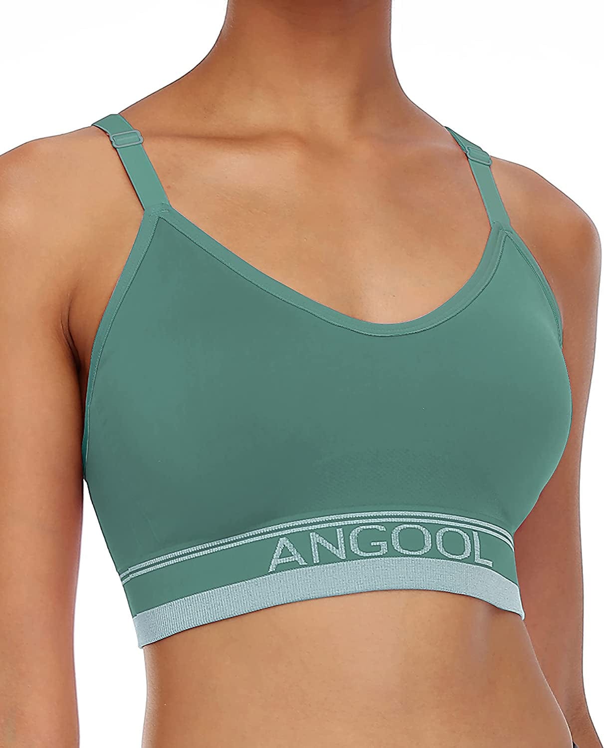 ANGOOL Strappy Sports Bras for Women, Longline Medium Support Yoga Bra Wirefree Padded Sports Bra with Adjustable Straps Vibrant Green / Medium