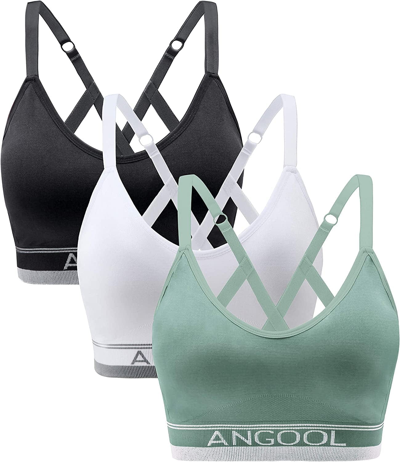 ANGOOL Strappy Sports Bras for Women, Longline Medium Support Yoga Bra Wirefree Padded Sports Bra with Adjustable Straps Black+white+green / Medium
