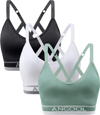 ANGOOL Strappy Sports Bras for Women, Longline Medium Support Yoga Bra Wirefree Padded Sports Bra with Adjustable Straps Black+white+green / Medium