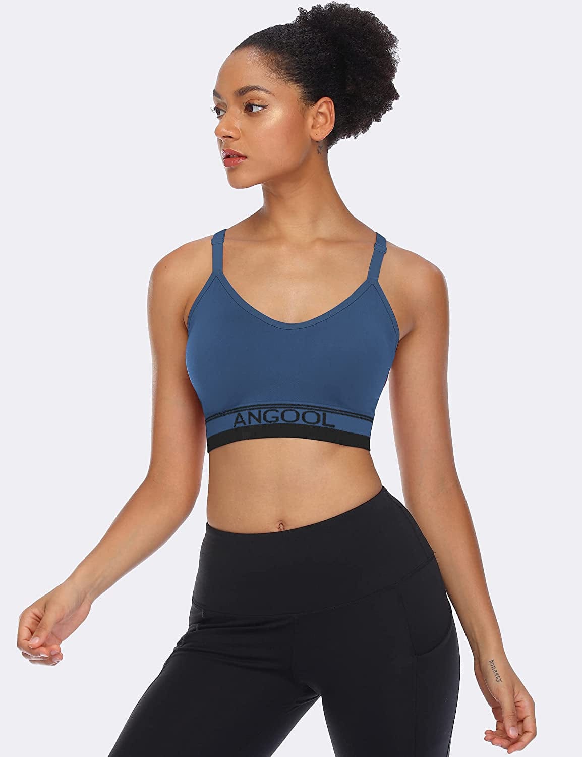 ANGOOL Strappy Sports Bras for Women, Longline Medium Support Yoga Bra Wirefree Padded Sports Bra with Adjustable Straps