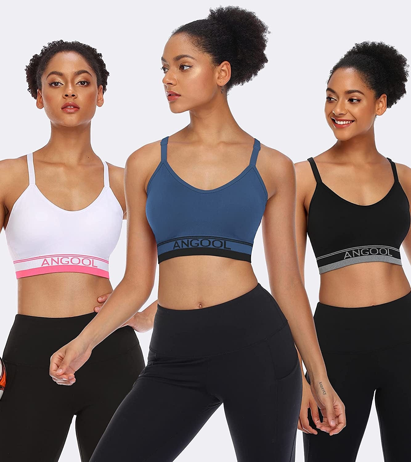 ANGOOL Strappy Sports Bras for Women, Longline Medium Support Yoga Bra Wirefree Padded Sports Bra with Adjustable Straps