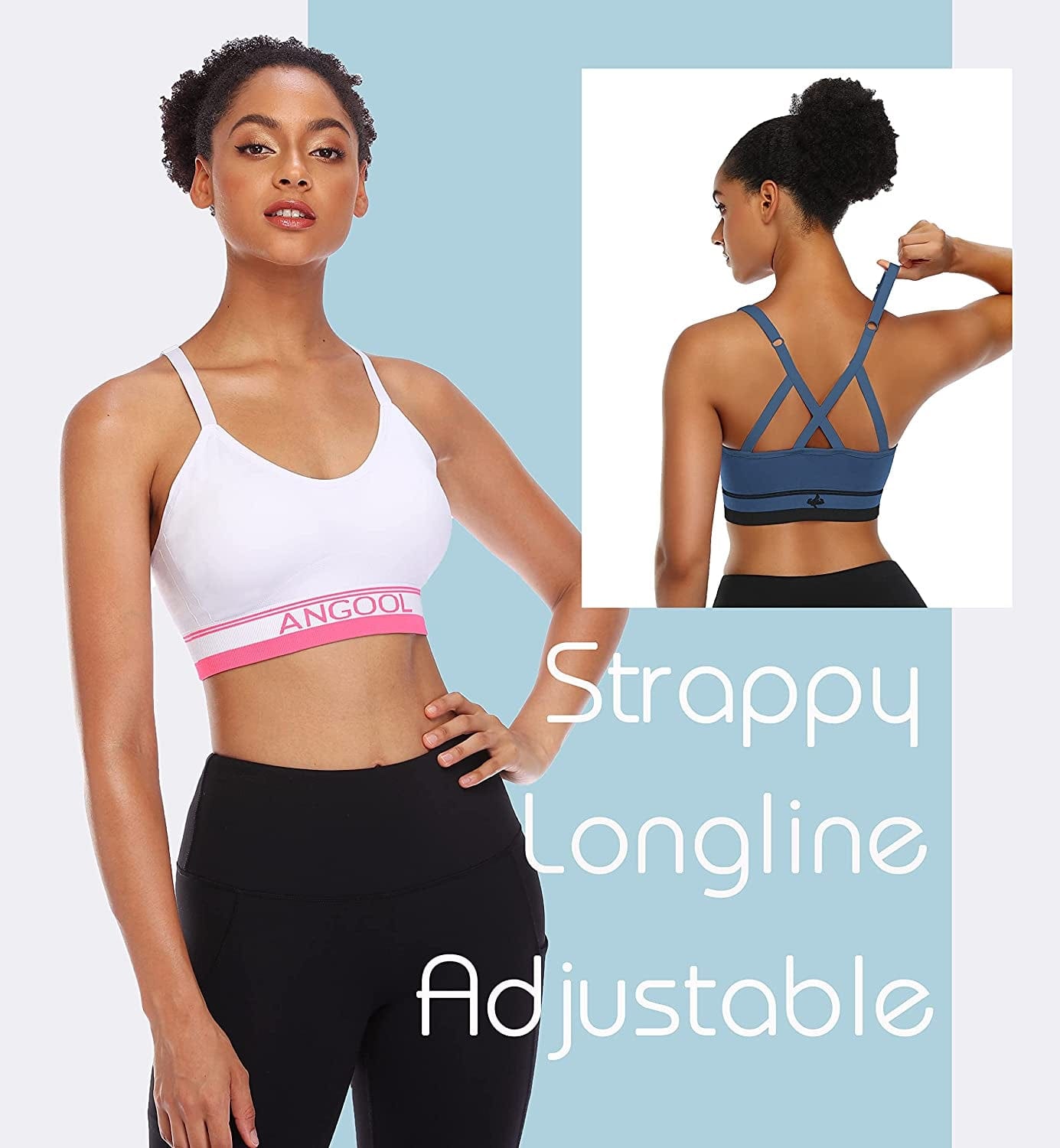 ANGOOL Strappy Sports Bras for Women, Longline Medium Support Yoga Bra Wirefree Padded Sports Bra with Adjustable Straps