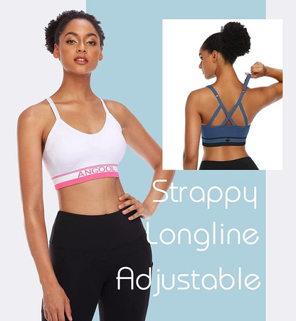 ANGOOL Strappy Sports Bras for Women, Longline Medium Support Yoga Bra Wirefree Padded Sports Bra with Adjustable Straps