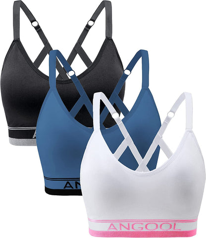 ANGOOL Strappy Sports Bras for Women, Longline Medium Support Yoga Bra Wirefree Padded Sports Bra with Adjustable Straps Black+pink+blue / Medium