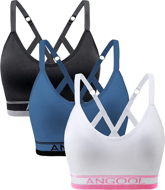 ANGOOL Strappy Sports Bras for Women, Longline Medium Support Yoga Bra Wirefree Padded Sports Bra with Adjustable Straps Black+pink+blue / Medium