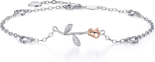 Ankle Bracelet for Women 925 Sterling Silver Love Rose Flower Anklet White Gold Plated CZ Diamond Anklet Gift for Women Girls Apparel & Accessories > Jewelry > Anklets ASHLI JENA   