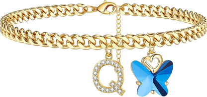 Ankle Bracelets for Women, 14K Gold Plated Initial Anklet for Women Cuban Link Anklets for Women Beautifui Butterfly Charm Anklet Beach Anklets Letter Anklet Foot Jewelry Apparel & Accessories > Jewelry > Anklets Anoup Q  
