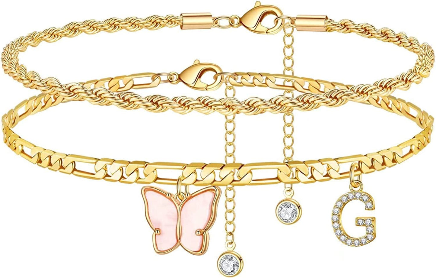 Ankle Bracelets for Women, Butterfly Anklet 14K Gold Plated Ankle Bracelet Layered Anklet for Women Initial Anklet Letter A-Z Gold Anklets for Women Teen Girls Foot Jewelry Gifts Apparel & Accessories > Jewelry > Anklets IEFSHINY G  