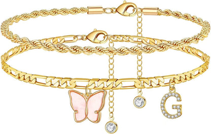 Ankle Bracelets for Women, Butterfly Anklet 14K Gold Plated Ankle Bracelet Layered Anklet for Women Initial Anklet Letter A-Z Gold Anklets for Women Teen Girls Foot Jewelry Gifts Apparel & Accessories > Jewelry > Anklets IEFSHINY G  