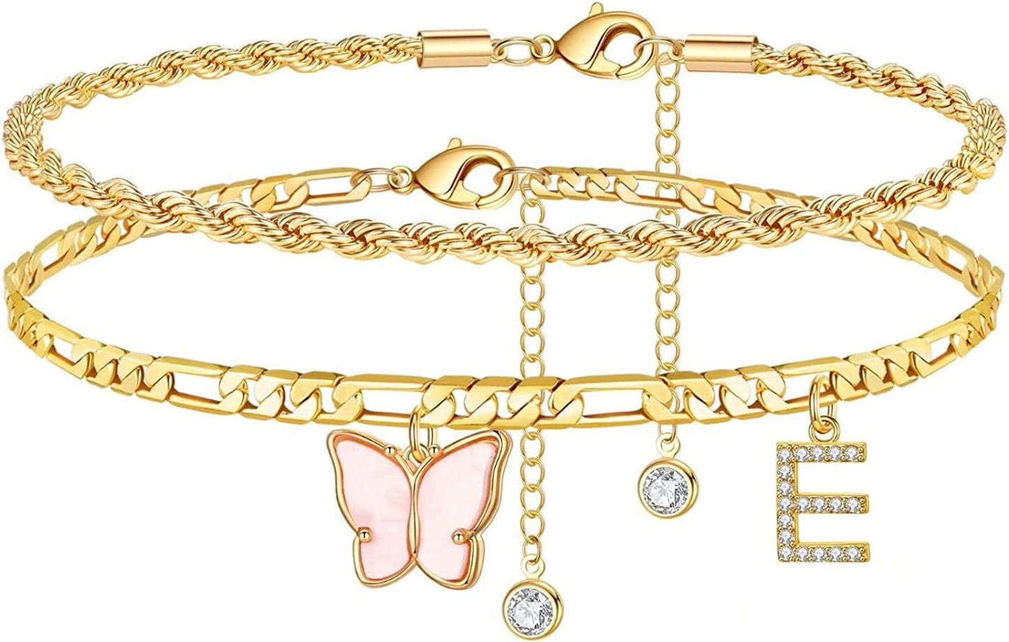 Ankle Bracelets for Women, Butterfly Anklet 14K Gold Plated Ankle Bracelet Layered Anklet for Women Initial Anklet Letter A-Z Gold Anklets for Women Teen Girls Foot Jewelry Gifts Apparel & Accessories > Jewelry > Anklets IEFSHINY E  