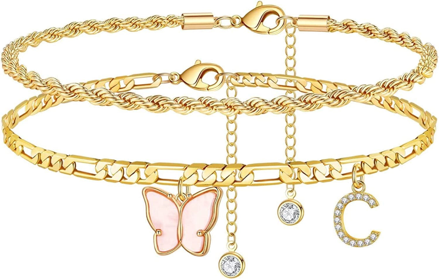 Ankle Bracelets for Women, Butterfly Anklet 14K Gold Plated Ankle Bracelet Layered Anklet for Women Initial Anklet Letter A-Z Gold Anklets for Women Teen Girls Foot Jewelry Gifts Apparel & Accessories > Jewelry > Anklets IEFSHINY C  
