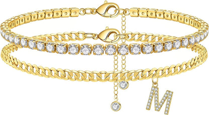 Ankle Bracelets for Women Initial Anklet, 14K Gold Plated Layered Cubic Zirconia Tennis Ankle Bracelets Dainty Letter Initial Anklet A-Z Gold Anklets for Women Teen Girls Beach Foot Jewelry Gifts Apparel & Accessories > Jewelry > Anklets IEFSHINY M  