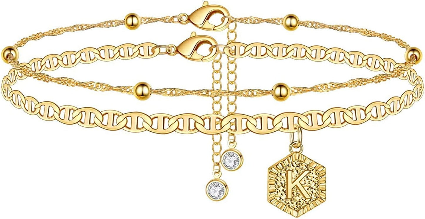 Ankle Bracelets for Women Initial Anklet, 2Pcs Mariner Chain Layered 14K Gold Plated Letter Anklet Initials Cute Summer Anklets Ankle Gold Anklets Bracelets for Women Teen Girls Jewelry Gifts Apparel & Accessories > Jewelry > Anklets IEFSHINY K  