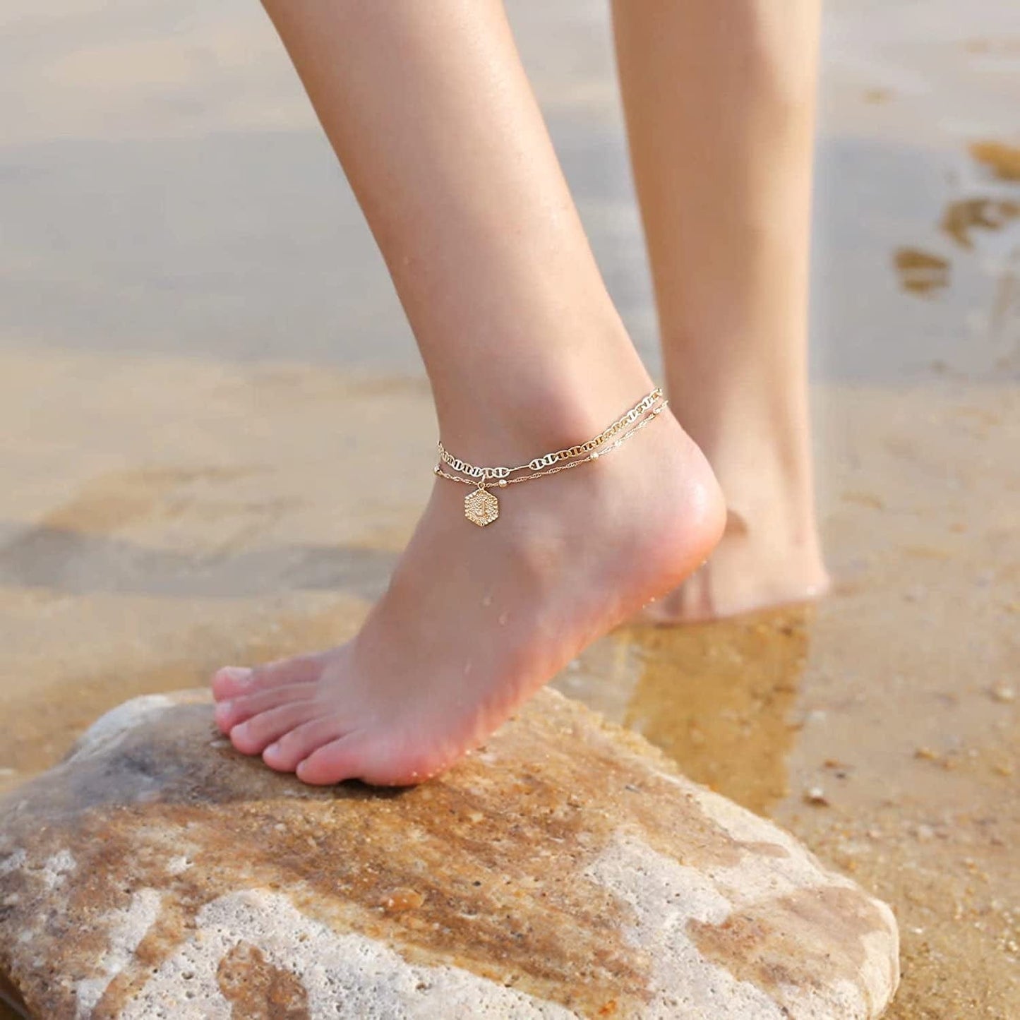 Ankle Bracelets for Women Initial Anklet, 2Pcs Mariner Chain Layered 14K Gold Plated Letter Anklet Initials Cute Summer Anklets Ankle Gold Anklets Bracelets for Women Teen Girls Jewelry Gifts Apparel & Accessories > Jewelry > Anklets IEFSHINY   