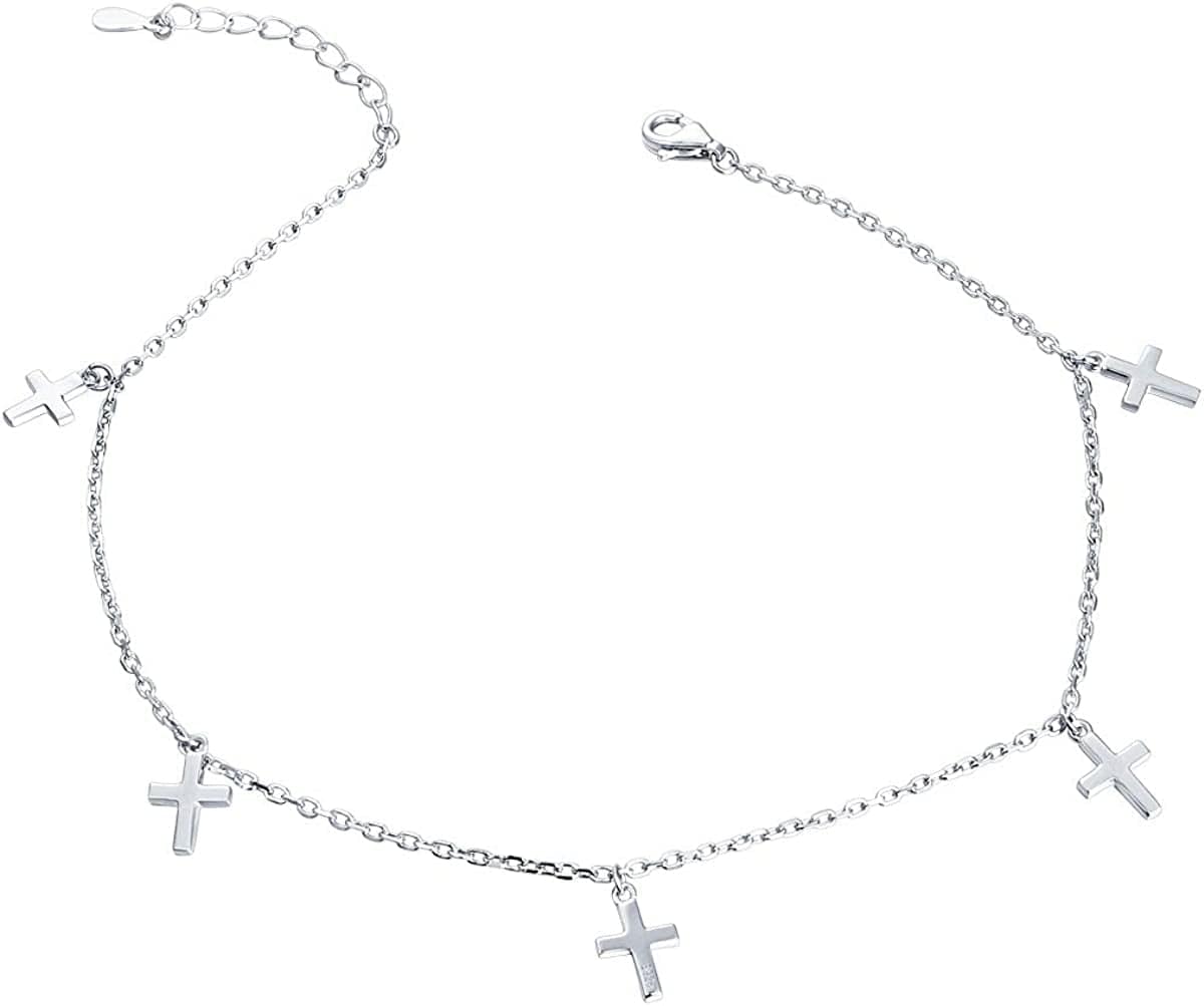 Anklet for Women Girl S925 Sterling Silver Adjustable Beach Style Foot Layered Ankle Bracelet Disc Evil Eye Heart Infinity Bead Cross Jewelry Apparel & Accessories > Jewelry > Anklets Harmonyball Jewelry Cross  