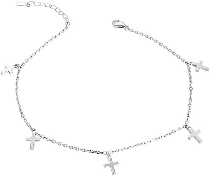 Anklet for Women Girl S925 Sterling Silver Adjustable Beach Style Foot Layered Ankle Bracelet Disc Evil Eye Heart Infinity Bead Cross Jewelry Apparel & Accessories > Jewelry > Anklets Harmonyball Jewelry Cross  