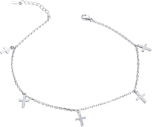 Anklet for Women Girl S925 Sterling Silver Adjustable Beach Style Foot Layered Ankle Bracelet Disc Evil Eye Heart Infinity Bead Cross Jewelry Apparel & Accessories > Jewelry > Anklets Harmonyball Jewelry Cross  