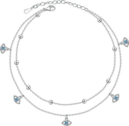 Anklet for Women Girl S925 Sterling Silver Adjustable Beach Style Foot Layered Ankle Bracelet Disc Evil Eye Heart Infinity Bead Cross Jewelry Apparel & Accessories > Jewelry > Anklets Harmonyball Jewelry Evil Eye  