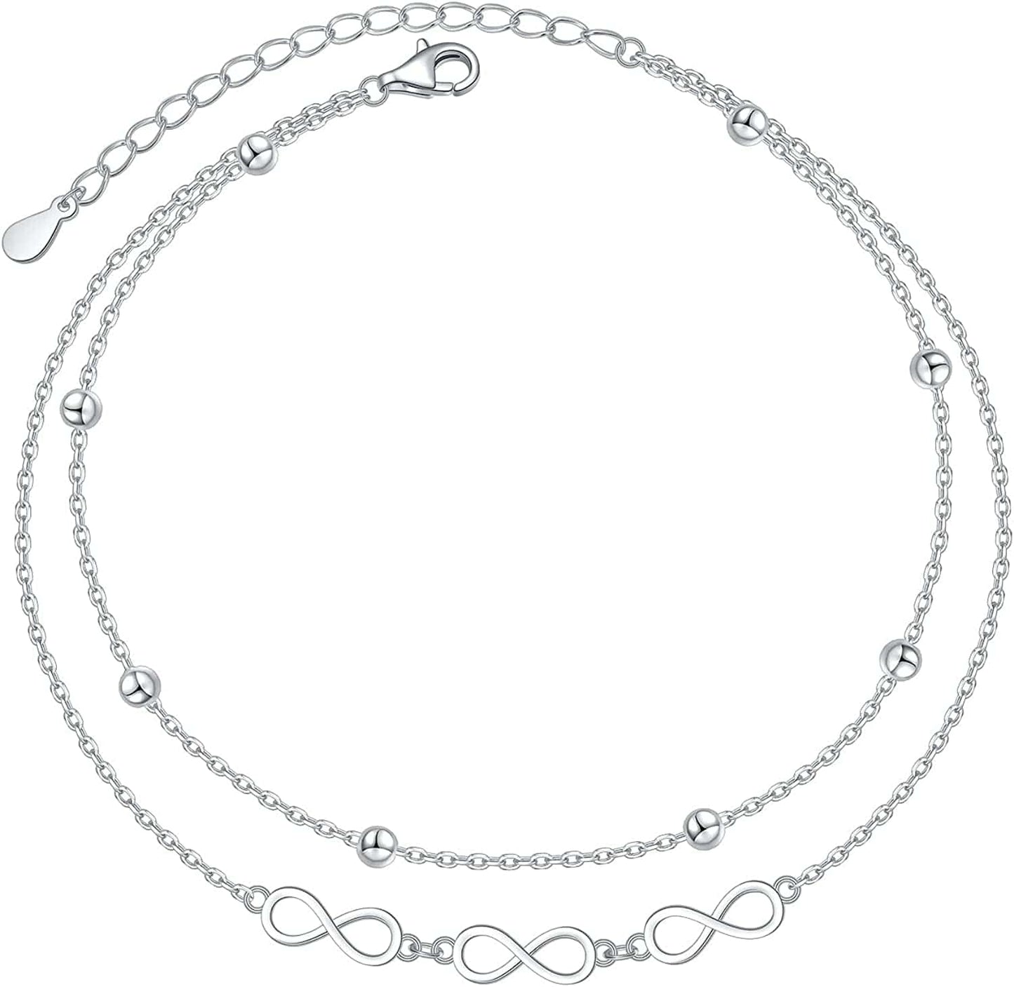 Anklet for Women Girl S925 Sterling Silver Adjustable Beach Style Foot Layered Ankle Bracelet Disc Evil Eye Heart Infinity Bead Cross Jewelry Apparel & Accessories > Jewelry > Anklets Harmonyball Jewelry Infinity Bead Layered  