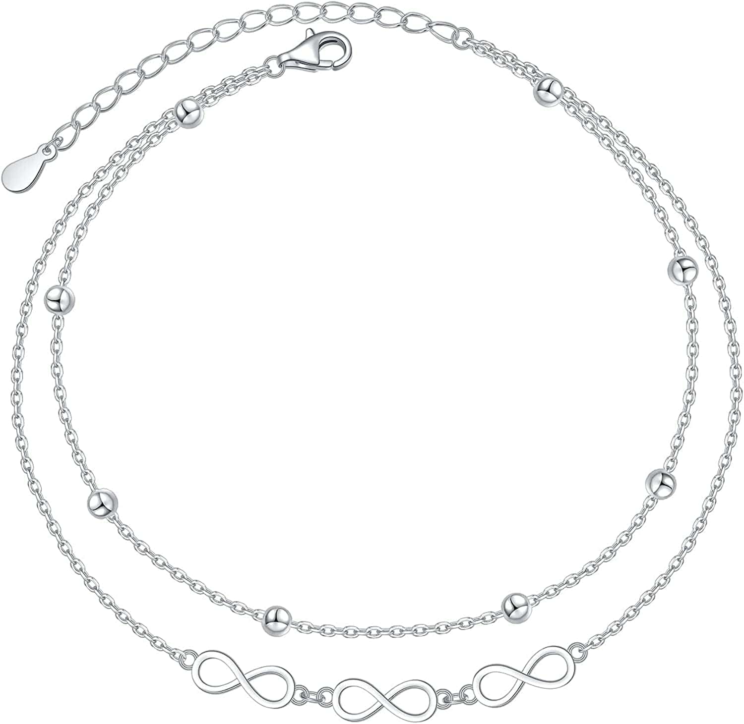Anklet for Women Girl S925 Sterling Silver Adjustable Beach Style Foot Layered Ankle Bracelet Disc Evil Eye Heart Infinity Bead Cross Jewelry Apparel & Accessories > Jewelry > Anklets Harmonyball Jewelry Infinity Bead Layered  